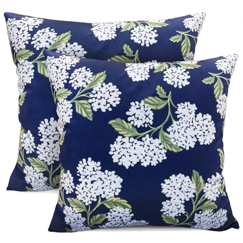 Blue Hydrangea Print 18x18 Inch Boho Farmhouse Throw Pillow Covers Set of 2