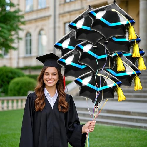 10 Pack Graduation Cap Balloons - 22 Inch Black Grad Hat Foil