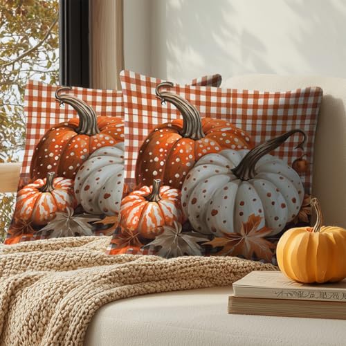 HOMETITUTE Fall Pumpkin Plaid Throw Pillow Covers 18x18 Inch - Set of 2, Autumn Thanksgiving Decor, Variation #04