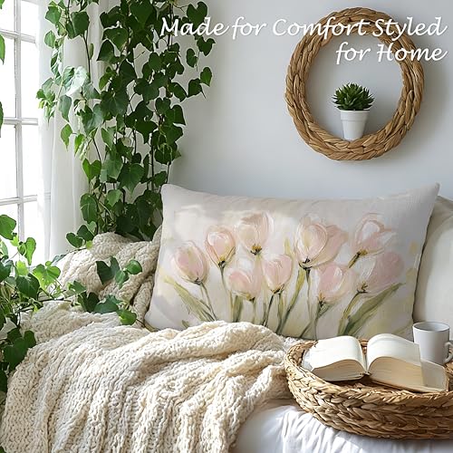 Vintage Pastel Tulip Floral Lumbar Pillow Cover 12x20, Soft Flannel