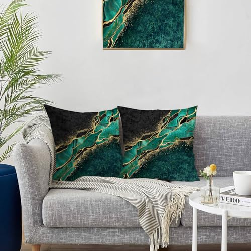 Lnond Velvet Decorative Throw Pillow Covers Set of 2 - 18x18 Inch Green Gold Marble