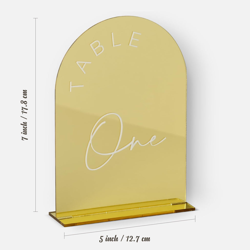 Gold Mirror Arch Wedding Table Numbers 1-20 with Stands, 5x7 Inch Acrylic Arch Sign with Holder, Gold Arch Acrylic Table Numbers for Wedding Reception(1-20, 5"x7")