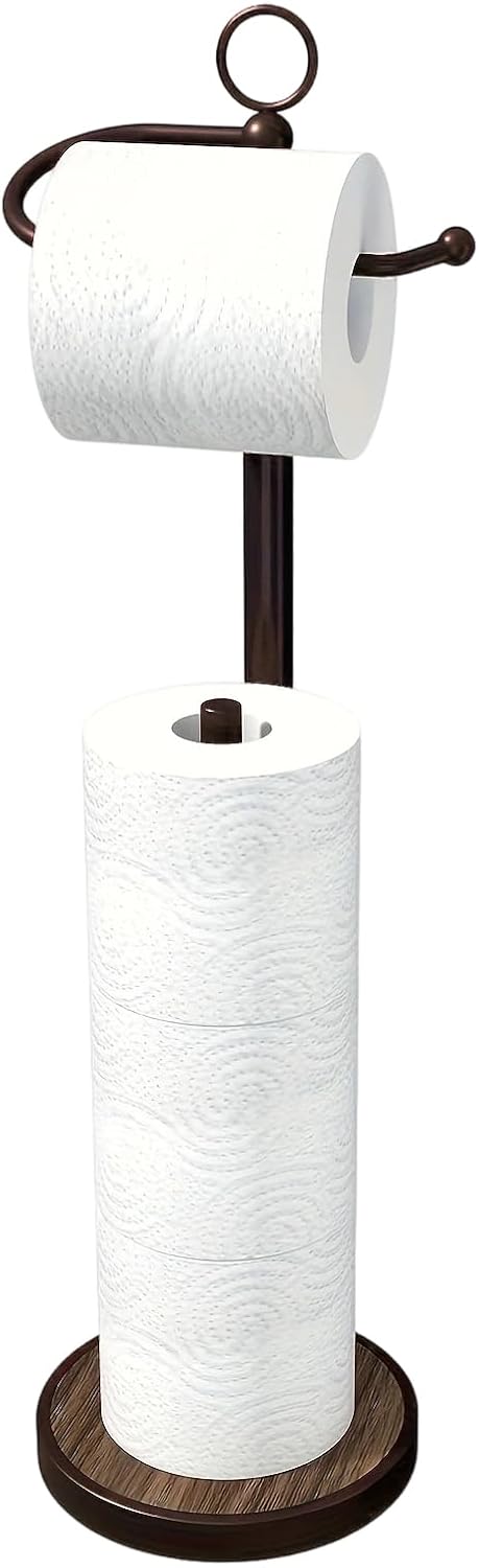 Skiennix Free Standing Toilet Paper Holder - Stylish Storage for 4 Rolls with Weighted Wood Grain Base - Black & Bronze