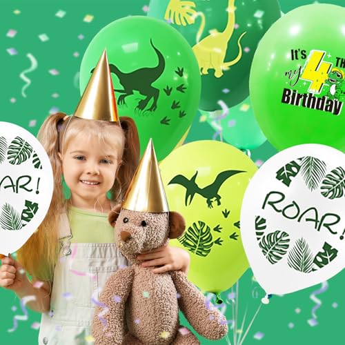 Dinosaur 4th Birthday Balloons 10-Piece White and Green Latex Set