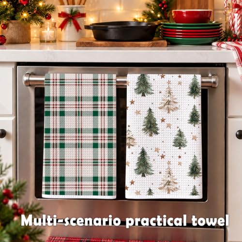 Retro Tree Snowman Hand Towels - Buffalo Plaid Christmas Kitchen Towels - Set of 2
