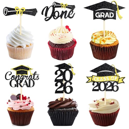 2026 Graduation Cupcake Toppers Set - 24 Pre-Assembled Picks