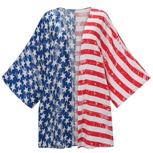 4th of July Outfits for Women American Flag Kimono Cover-Up Tops with Fourth of July Earrings Sunglasses Flag Accessories