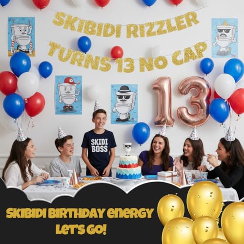 Skibidi Rizzler Turns 13 No Cap Banner - Glitter Birthday Decor