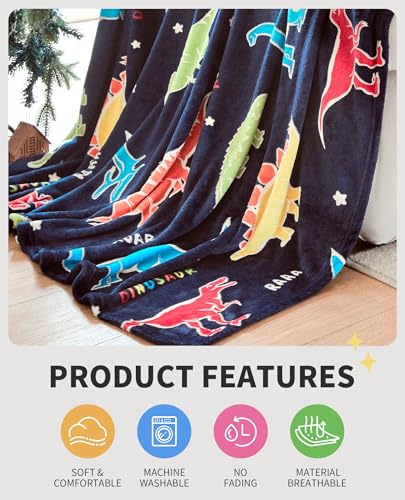 Glow in The Dark Dinosaur Blanket for Kids - Soft Cozy Throw, 60"x80"