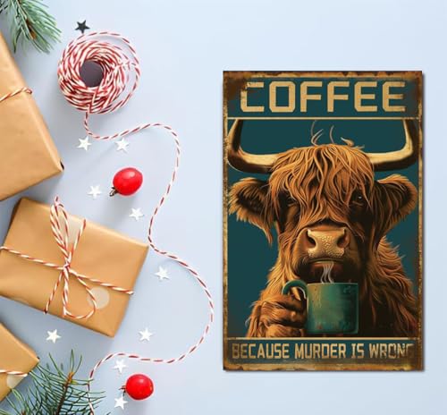 Highland Cow Coffee Metal Tin Sign - Funny Kitchen Decor, 8x12 Inch