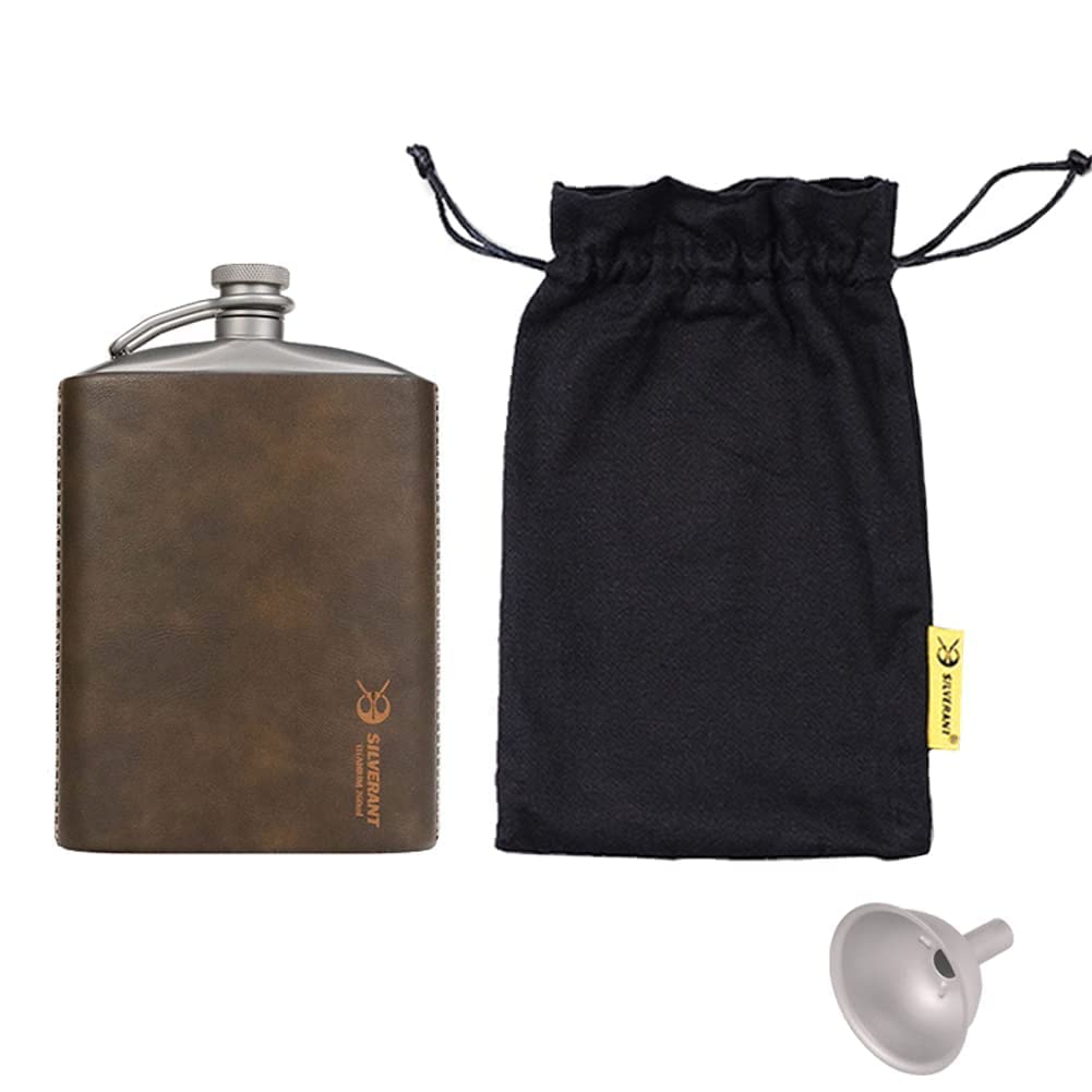 SILVERANT Titanium Ultralight 7.44oz/220ml Hip Flask Canteen, Lightweight Compact Outdoor Flask, Limited Edition With Leather Case & Funnel