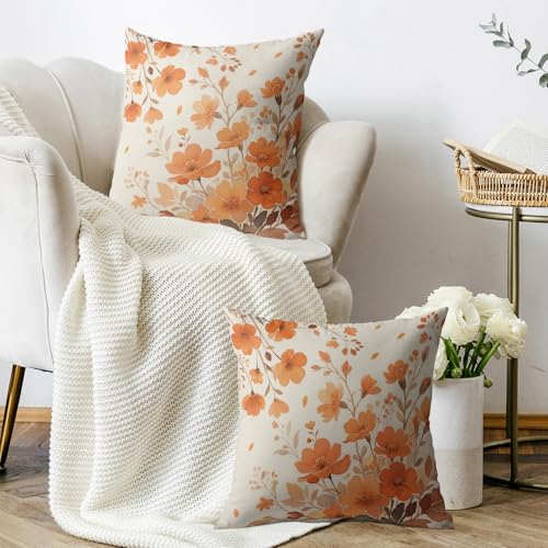 Burnt Orange Fall Floral Pillow Covers 18x18, Set of 2 Cotton Linen Cases
