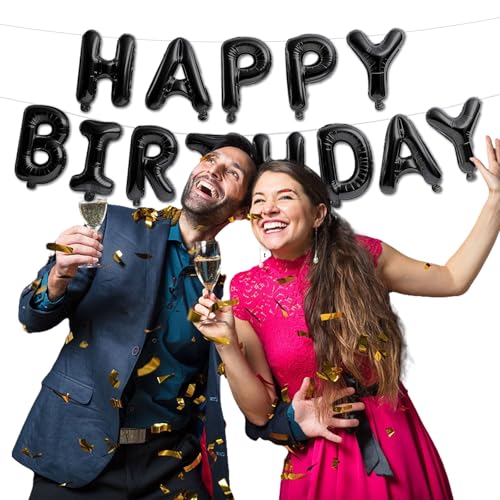 Happy Birthday Balloon Banner Set - 13 Black Foil Letter Balloons