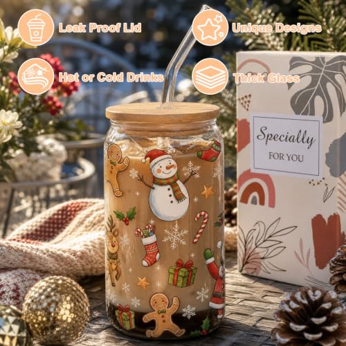 Christmas Glass Cups with Lid and Straw Set - Xmas Holiday Gift, 347 Variation