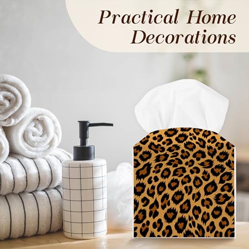 Leopard Print Tissue Box Cover Leather Square Dispenser for Home & Office - LTazhyi