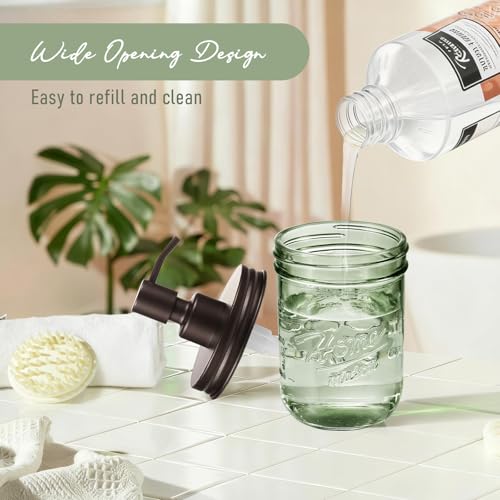 16oz Green Glass Mason Jar Soap Dispenser, Wide Mouth, Bronze