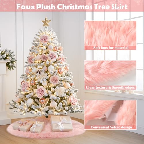 Pink Faux Fur Christmas Tree Skirt 28 Inch for Holiday Decor - MACTING