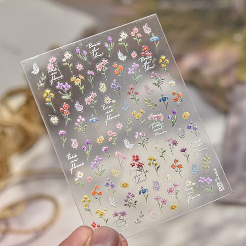 Qdsuh 5D Embossed Floral Nail Stickers - Summer Wildflower Daisy Decals