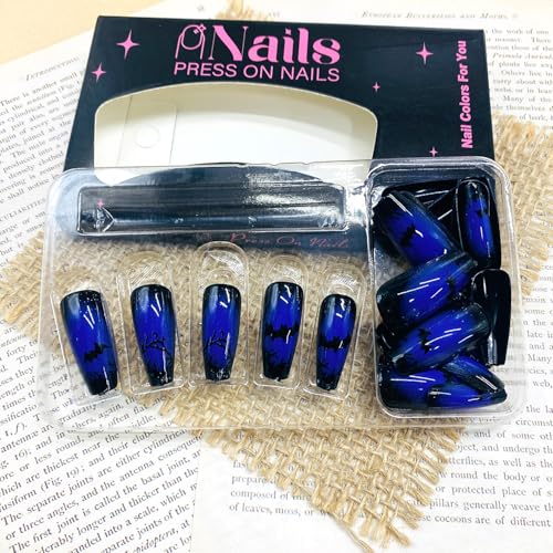 Halloween Press on Nails Black Purple French Tip Bat False Nails