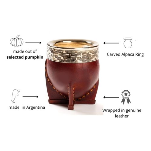 Mate Imperial Argentino Kit Mate, With Straw Tea Gourd Mug One Bombilla (Straw), Wrapped Handmade Leather, Includes Premium Packaging box (brown)