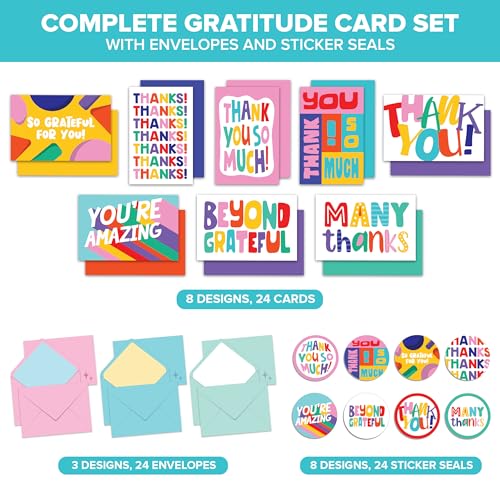 24 Pack Colorful Thank You Cards with Envelopes & Stickers