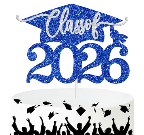 Class of 2026 Graduation Cake Topper - Blue & Silver Glitter