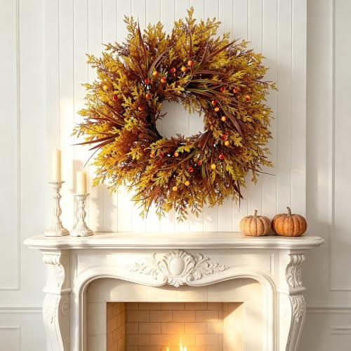 28 Inch Fall Front Door Wreath with Cypress Leaves and Gold Accents - Variation of THIS listing