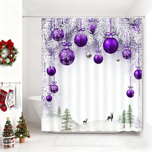 Purple Christmas Shower Curtain with Xmas Ball Pine Tree Winter Forest Decor 70x70 Inches