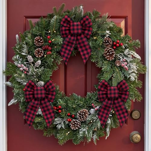 Christmas Wreath Bows 2 Pack - Red Black Buffalo Plaid Holiday Decor