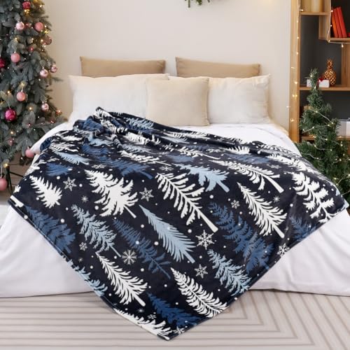 Dark Blue Christmas Throw Blanket Snowflake Tree Fleece 50x60 Inches - Cozy Holiday Gift
