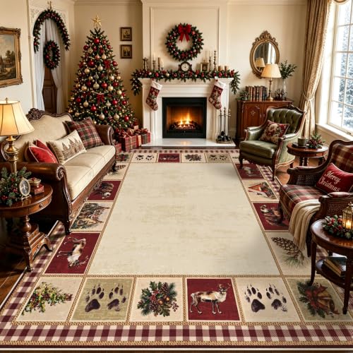 Red Christmas Rug 8x10 Area Rug for Living Room Cabin Decor - Holiday Seasonal