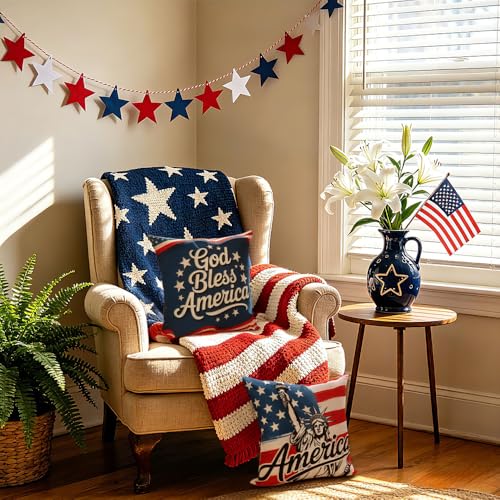 QPIXVB 18x18 Patriotic Throw Pillow Covers Set of 4 Red White Blue Outdoor Home Decor