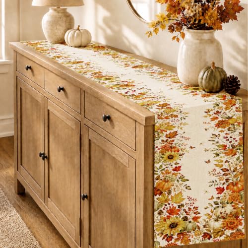 Fall Table Runner 13x72 in - Pumpkin & Maple Autumn Decor