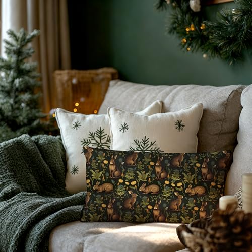 Rustic Dark Floral Rabbit Pillow Cover Botanical Bunny Cushion Cover