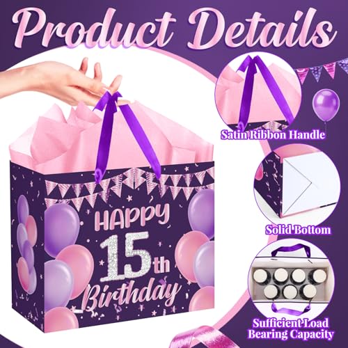 Happy 15th Birthday Gift Bag Set for Girls - Purple & Pink