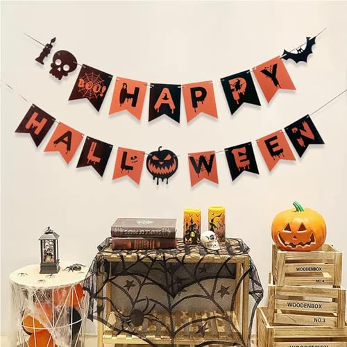 Happy Halloween Banner with Skulls & Bats - Indoor/Outdoor Decor