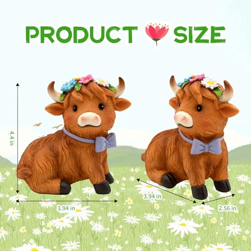 Spring Highland Cow Figurines - Set of 2 Farmhouse Decor