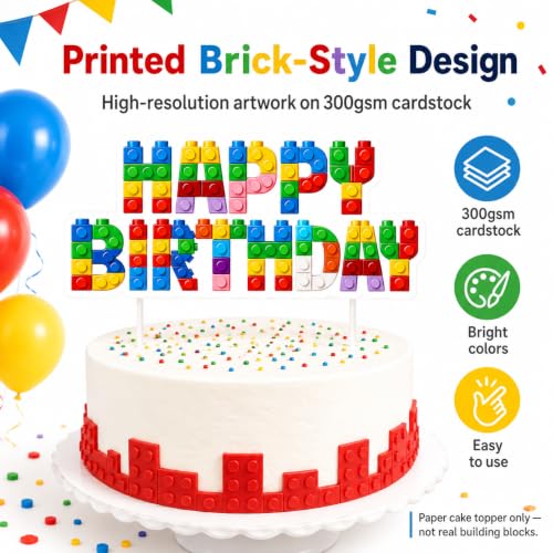Building Block Happy Birthday Cake Topper - Colorful Brick Party Decor