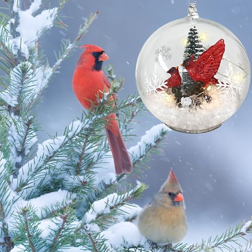 Lighted Cardinal Christmas Ornament - 4 Inch Snow Globe with Red Cardinals