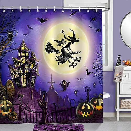 Bonhause Halloween Shower Curtain - Scary Witch & Pumpkin Design, 72x72 Inch Waterproof Polyester