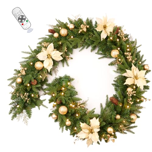 9FT Artificial Christmas Garland with Dual Color LED Lights - PVC, Gold Accents, Remote Timer