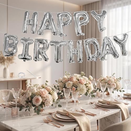 CARGEN 16-Inch Happy Birthday Balloons Banner - Silver Mylar Decor
