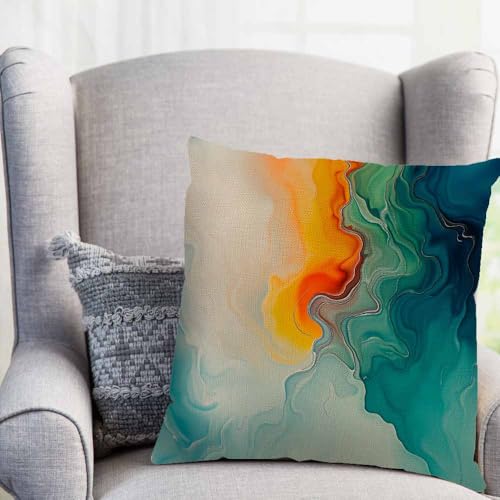 LAVVIEGO Multi-003 18x18 Abstract Marble Pillow Cover Teal Blue Orange Green Linen Blend