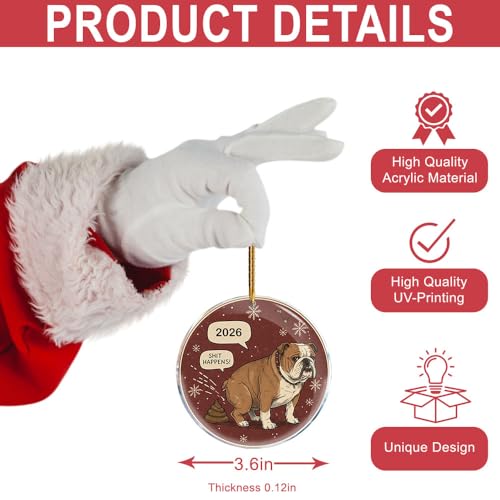 Funny Pooping Bulldog Christmas Ornament - 3.6 in Acrylic Gag Gift