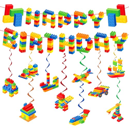 Building Block Birthday Party Decoration Set with Banner and Hanging Swirls