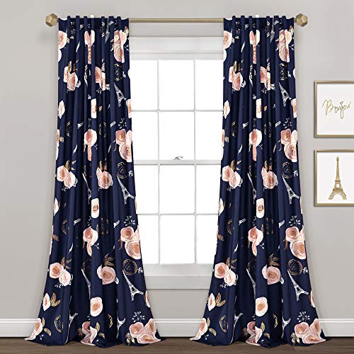 Lush Decor Vintage Paris Rose Butterfly Script Light Filtering Window Curtain Panels Pair 52" W x 84" L Navy - Kids Curtains - Kids Bedroom Decor