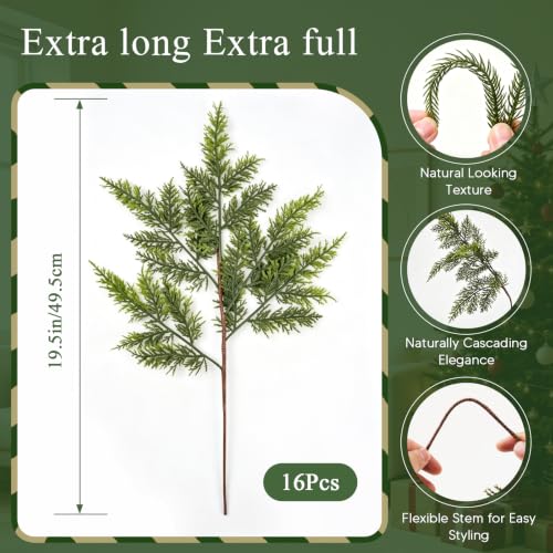 Artificial Christmas Cedar Branches 19.5Inch - Soft Green, Lifelike Decor