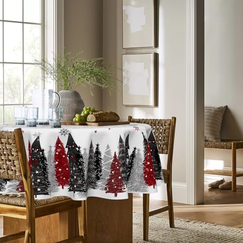 Horaldaily Christmas Tablecloth 90x90 Inch Round with Christmas Trees in Red & Black - Holiday Decor