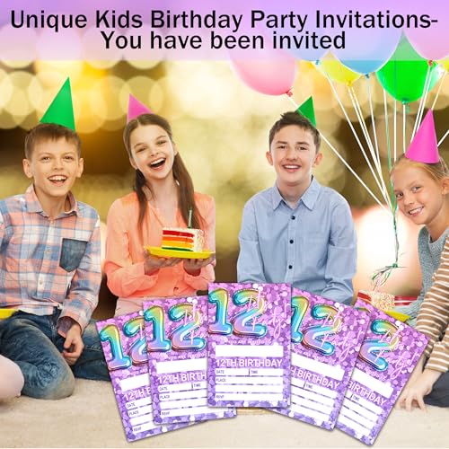 Let's Party Birthday Invitations with Envelopes, Pink Rainbow Balloons, 20 Pack