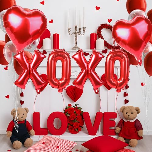 Red XOXO Letter & Heart Foil Balloons Set for Valentine Party Decor